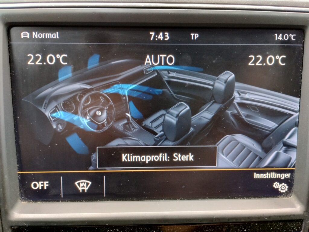 Meny for regulering ac AC og varme på e-Golf av første utgaven